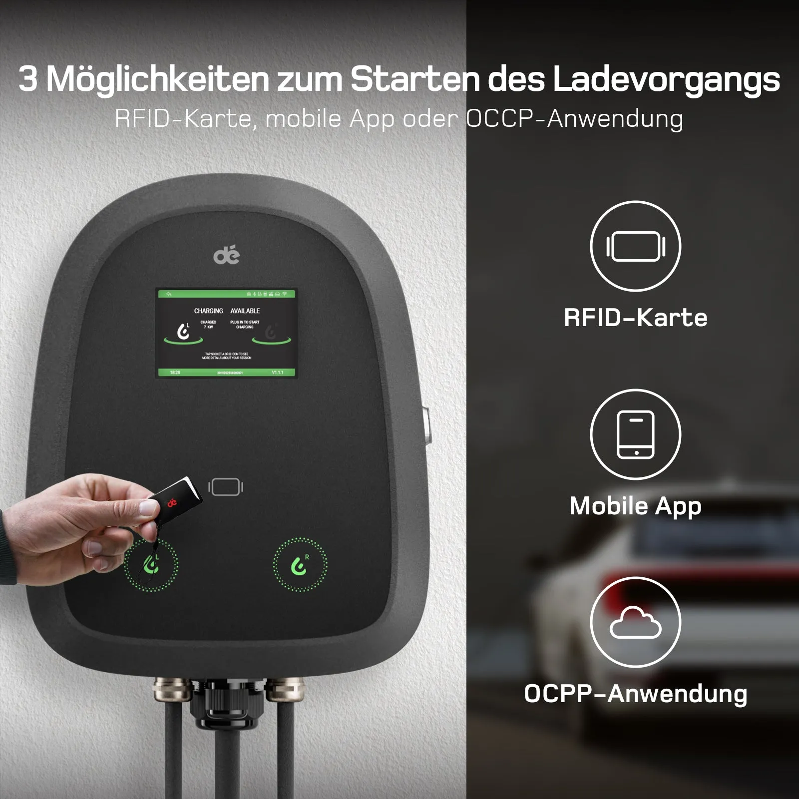 dé Dual Wallbox 2× 7,4 kW mit Doppel-Typ-2, App & RFID – 10 Meter Ansicht 3