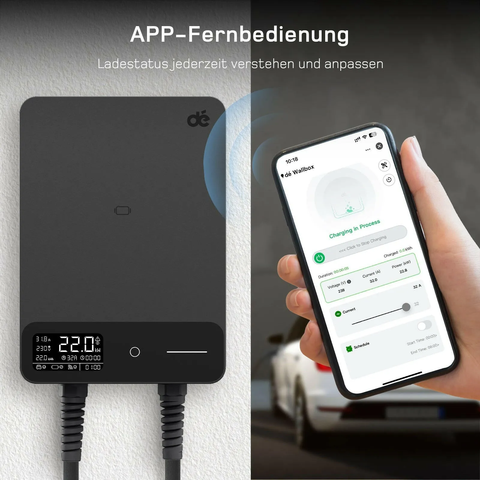 dé Smart Wallbox 22 kW mit Typ-2-Kabel, App & RFID – 15 Meter / Weiß Ansicht 3