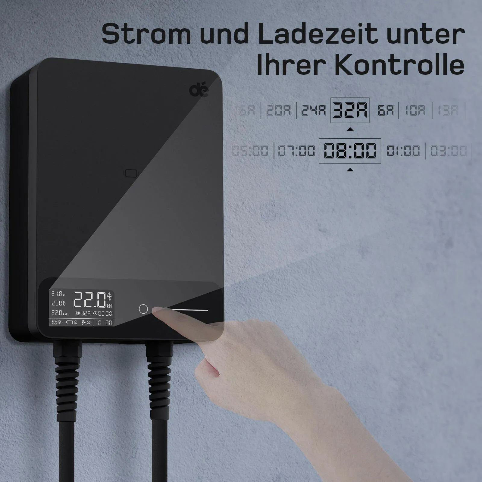 dé Smart Wallbox 22 kW mit Typ-2-Kabel, App & RFID – 15 Meter / Weiß Ansicht 5