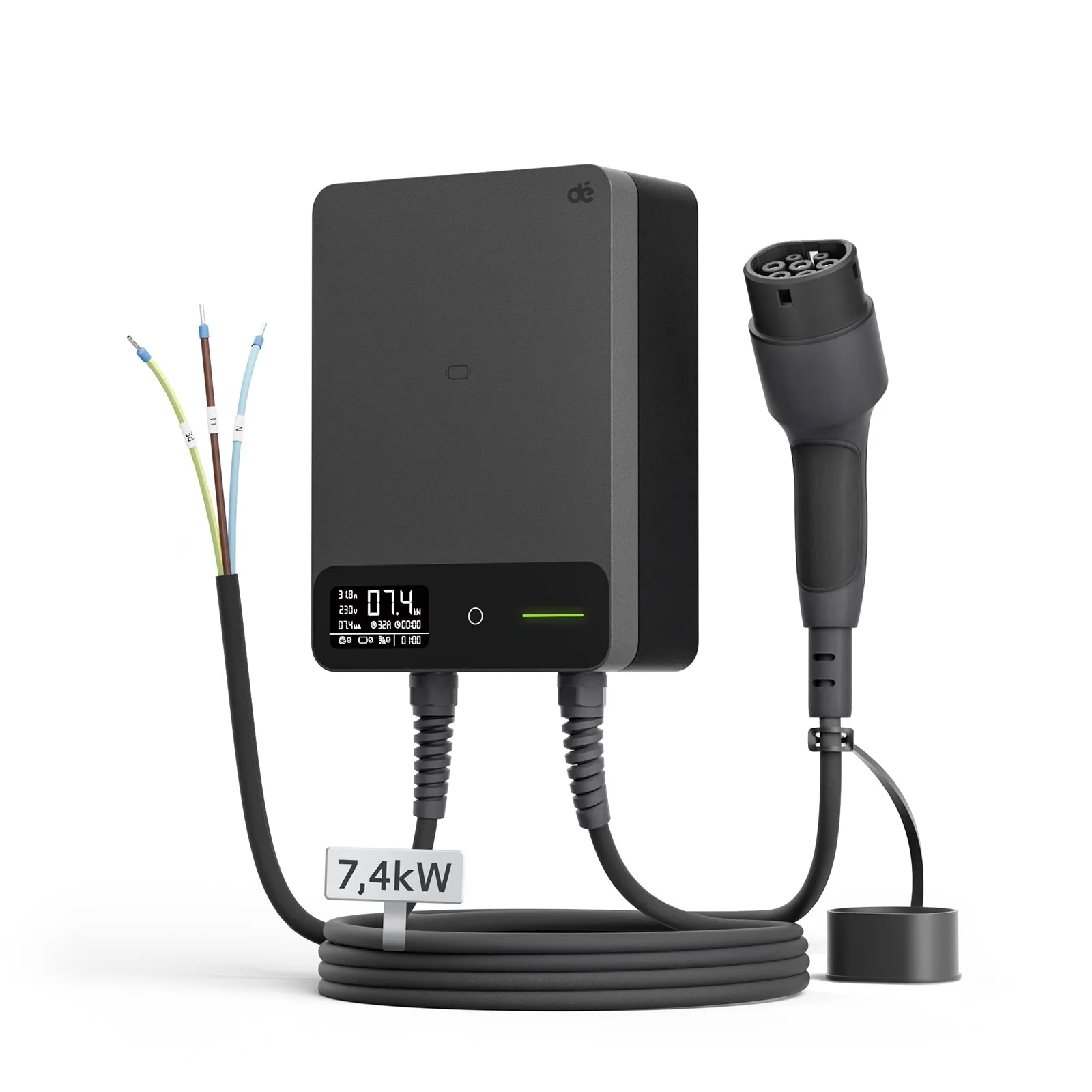 dé Smart Wallbox 7,4 kW 1-phasig 32A mit Typ 2 & App - 5 Meter / Schwarz - Produktfoto