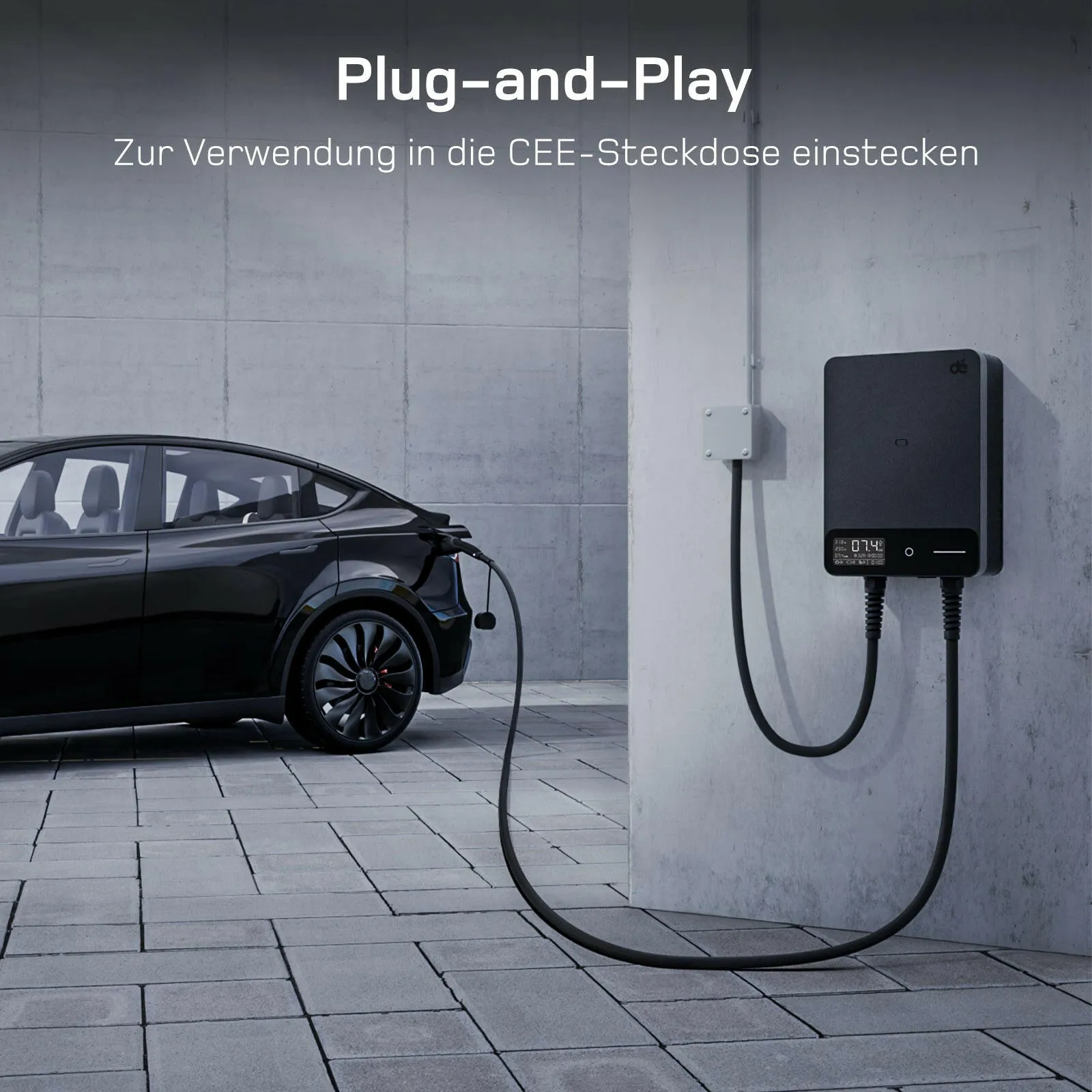 dé Smart Wallbox 7,4 kW 1-phasig 32A mit Typ 2 & App – 5 Meter / Schwarz Ansicht 2