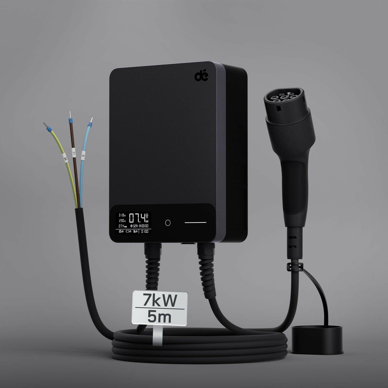 dé Smart Wallbox 7,4 kW 1-phasig 32A mit Typ 2 & App – 5 Meter / Schwarz Ansicht 4