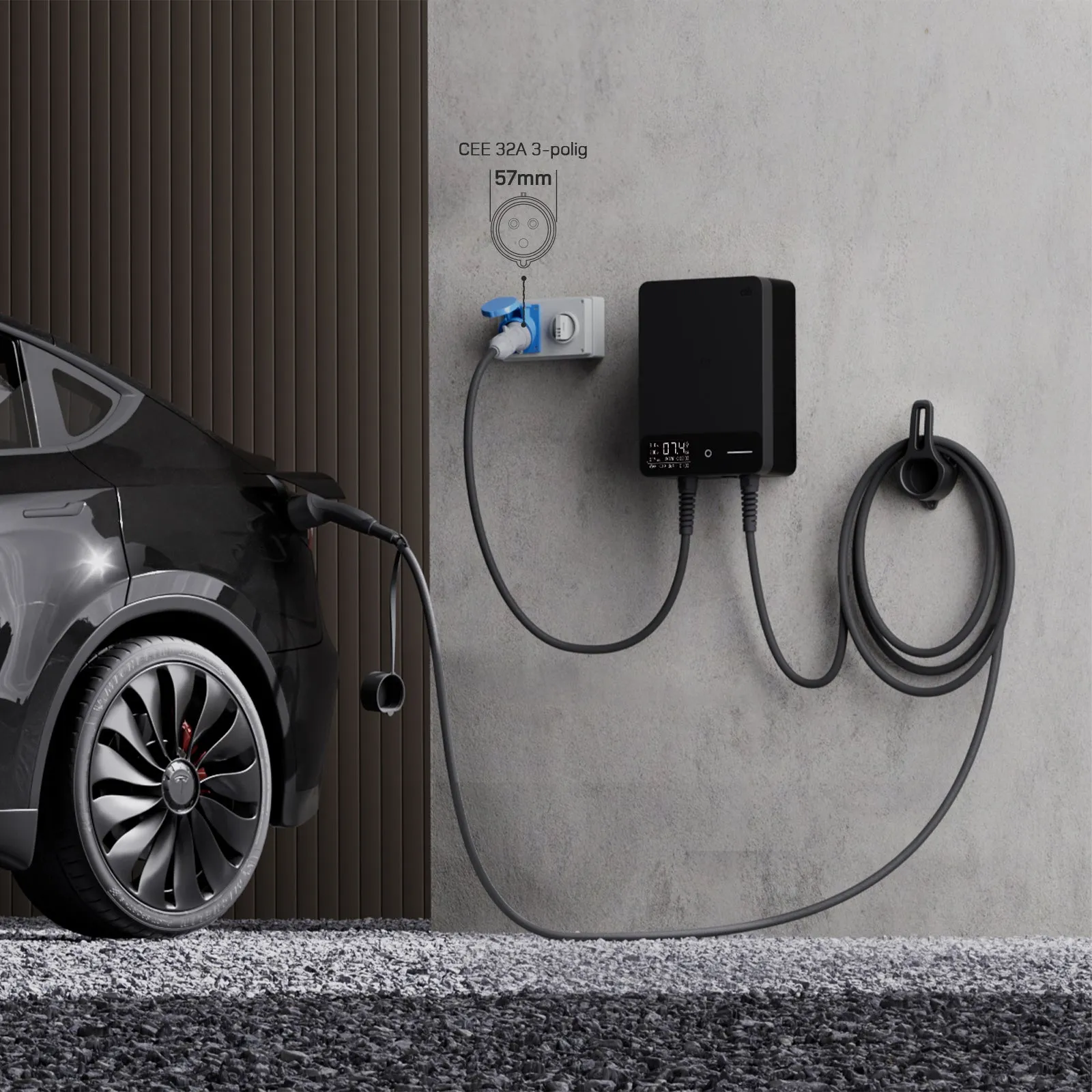 dé Smart Wallbox 7,4 kW 1-phasig 32A mit Typ 2 & App – 5 Meter / Schwarz Ansicht 3