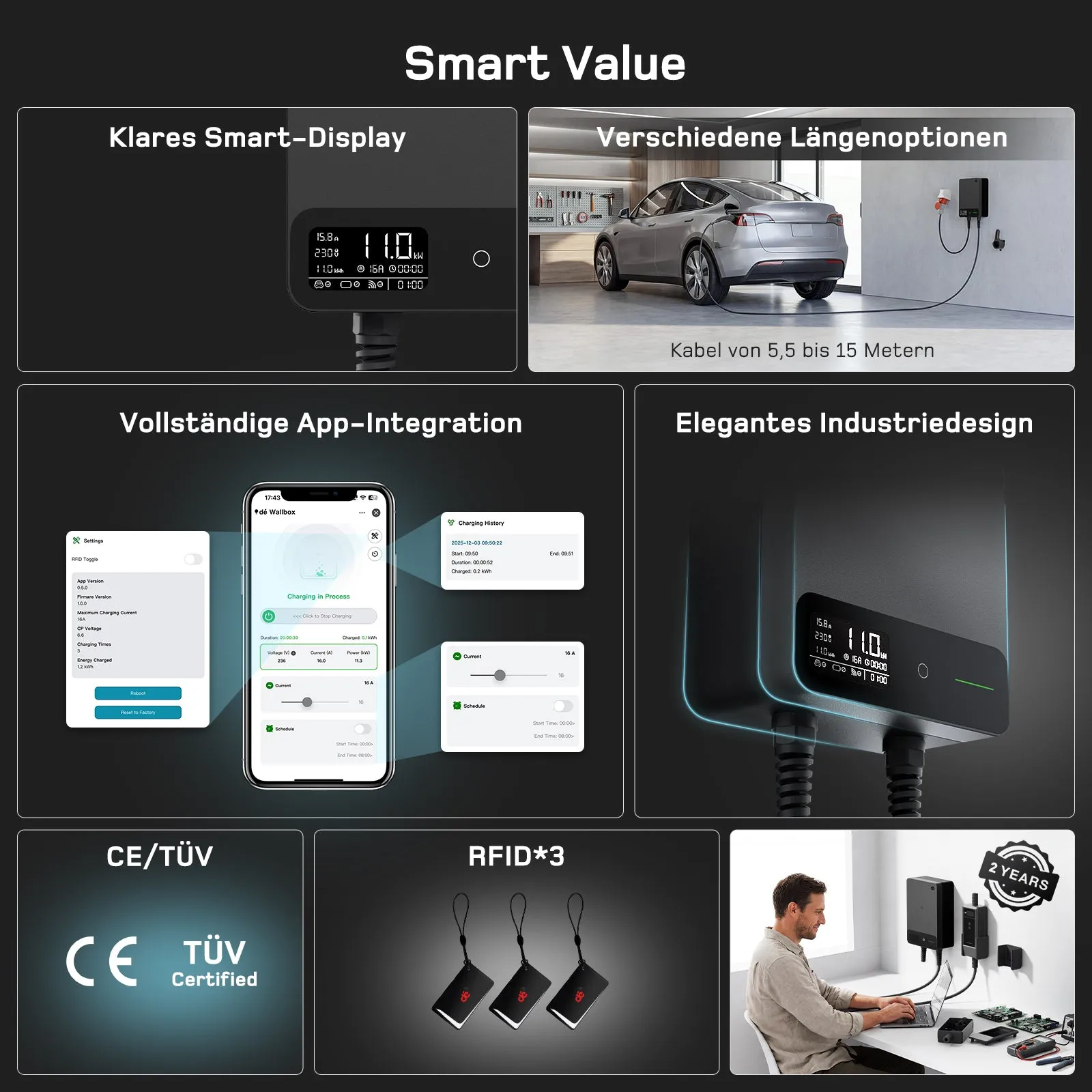 dé Smart Wallbox 11 kW mit Typ-2-Kabel, App & RFID – 10 Meter / Weiß Ansicht 2